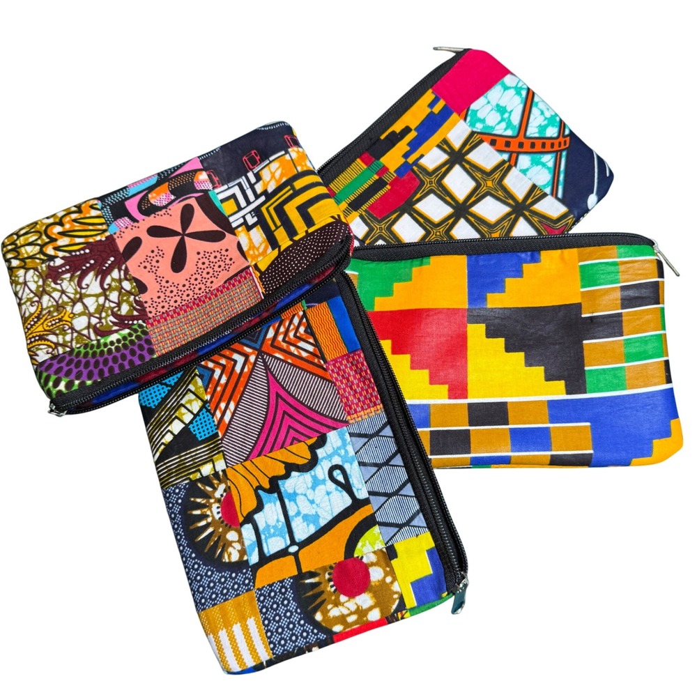 Vibrant Patchwork Zipper Pouch (set of 4) African Print Cosmetic Bag Travel NWOT